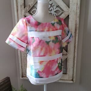 Worthington Women's Mesh Short Sleeve Crop Top Blouse Tie Dye Stripe